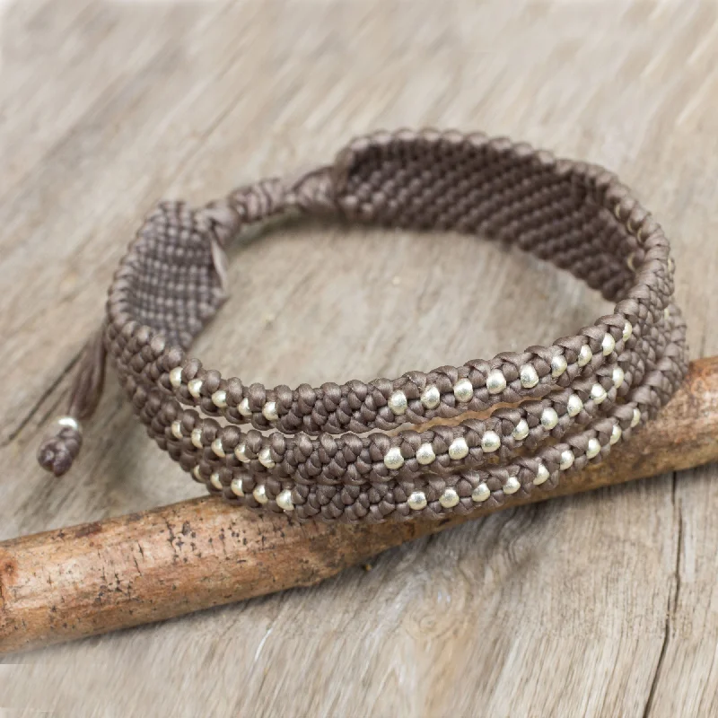 Twisted bangles for women -Starlight and Khaki Wristband Bracelet in Macrame with Silver 950 Beads