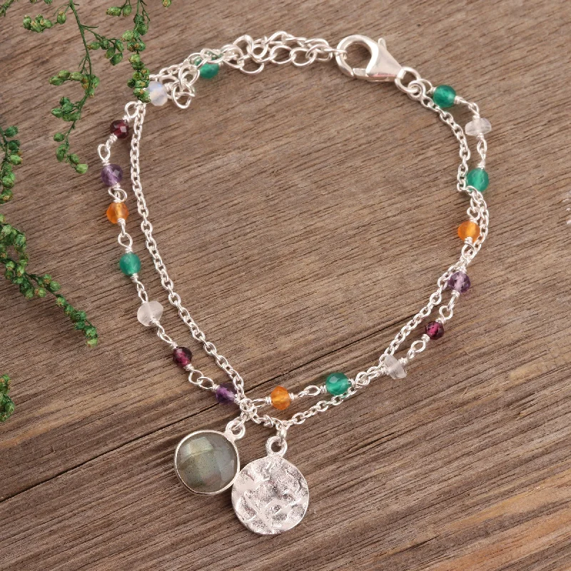 Statement bracelets for women -Colorful Charm Multi-Gemstone Sterling Silver Bracelet from India