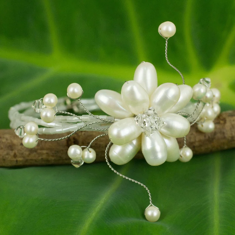 Metal bangles for women -White Freshwater Pearl Bracelet