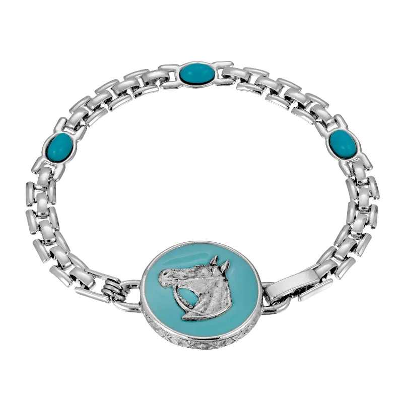 Engraved bangles for women -1928 Jewelry® Silver Tone Turquoise  Enamel Horse Head Bracelet