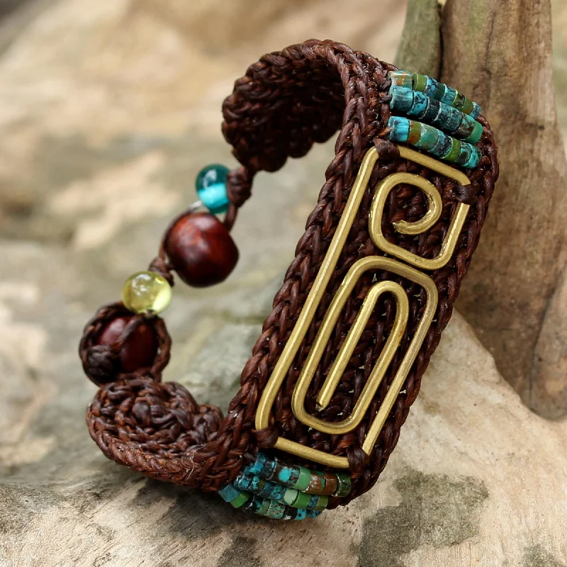 Stretchable bracelets for women -Siam Fortress Brown Brass and Reconstituted Turquoise Wristband Bracelet