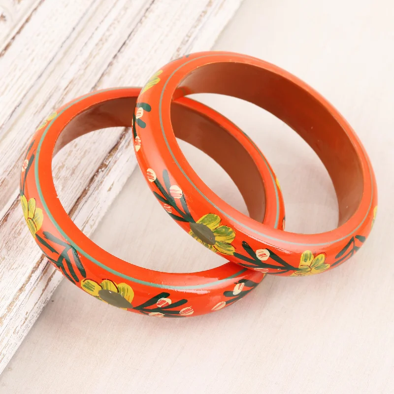 Emerald bracelets for women -Vermilion Garden Floral Haldu Wood Bangle Bracelets in Vermilion (Pair)