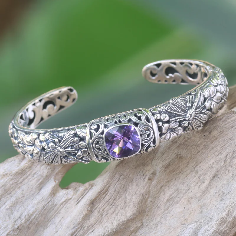 Tennis bracelets for women -Sacred Garden in Purple Amethyst and Sterling Silver Cuff Bracelet from Indonesia