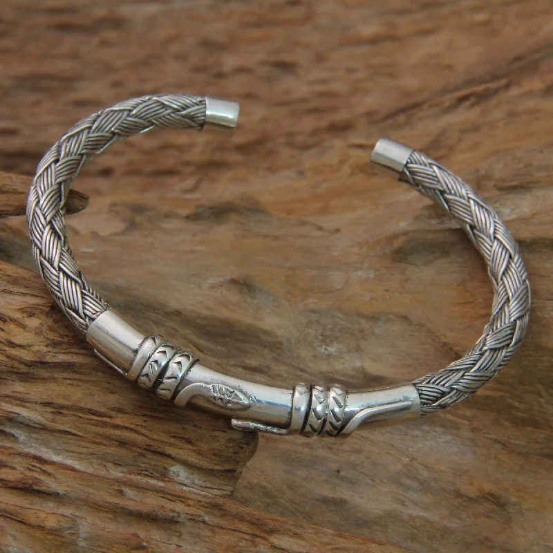 Beaded cuff bracelets for women -Balinese Serpents Snake Themed Sterling Silver Cuff Bracelet from Bali