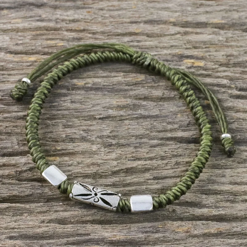 Multi-strand bracelets for women -Karen Triangle in Olive Hand Braided Olive Cord Bracelet with Silver Pendants