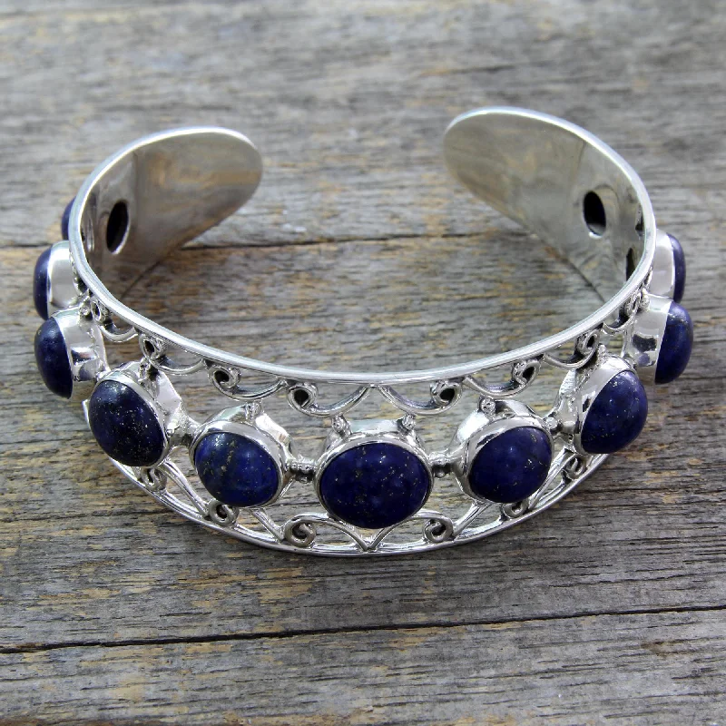 Fashion bangles for women -Nostalgia Lapis Lazuli and Sterling Silver Cuff Bracelet from India