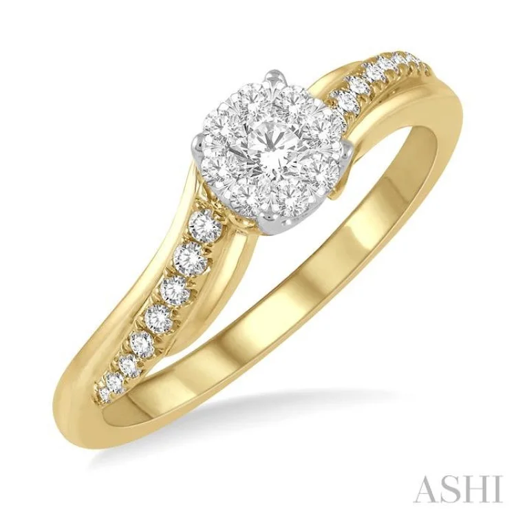 Halo diamond engagement rings for women -1/3 ctw Circular Mount Slanting Round Cut Diamond Lovebright Engagement Ring in 14K Yellow and White Gold