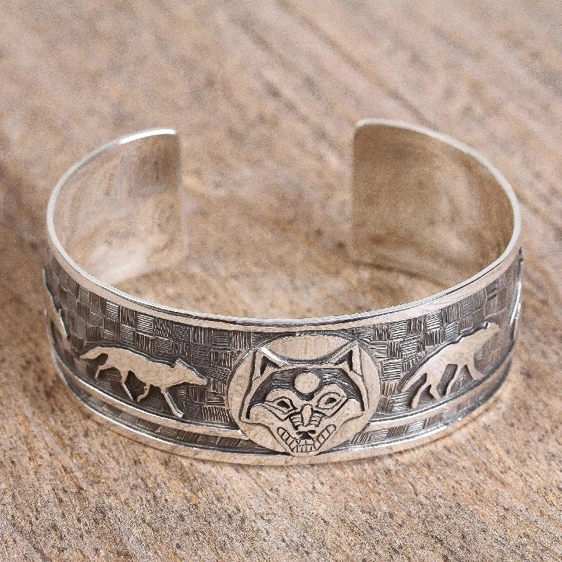 Thick bracelets for women -Lunar Wolves Taxco Sterling Silver Wolf Cuff Bracelet from Mexico