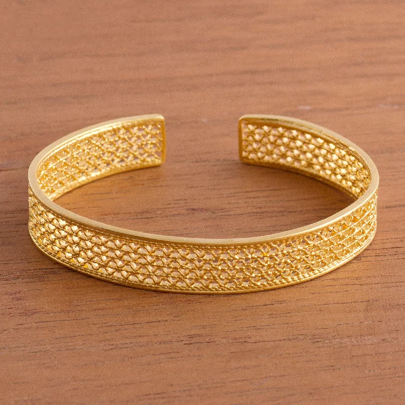 Cuff bracelets for women -Shining Elegance 21k Gold-Plated Sterling Silver Filigree Cuff Bracelet