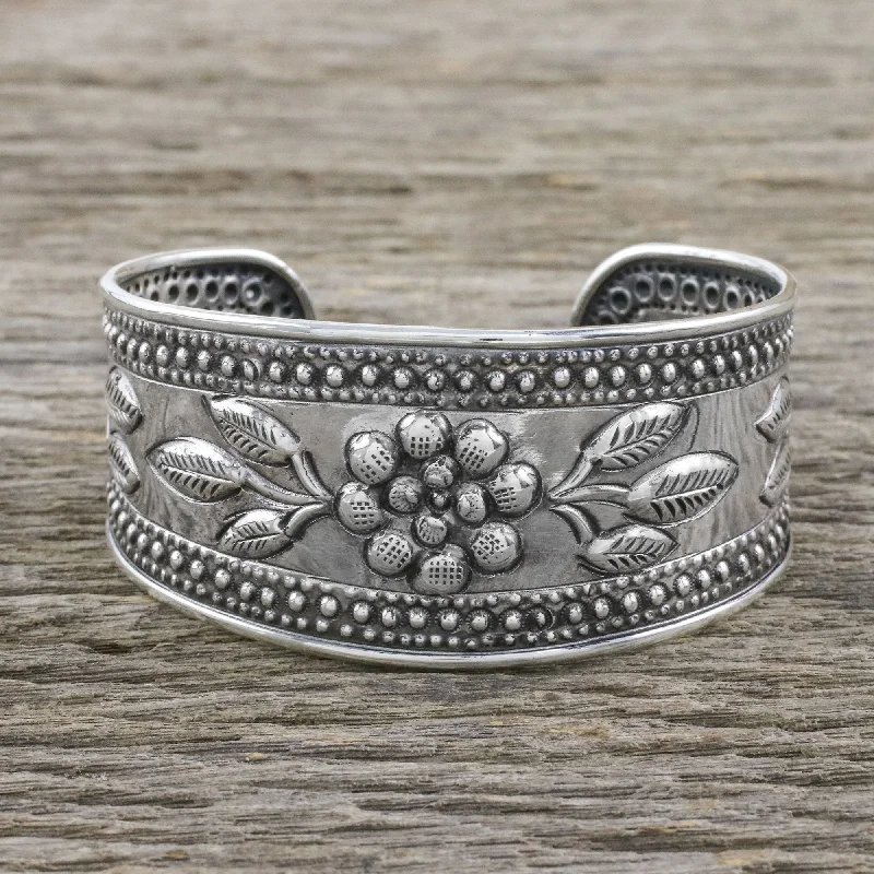 Magnetic bracelets for women -Pleasure in Paradise Handmade Sterling Silver Floral Cuff Bracelet from Thailand