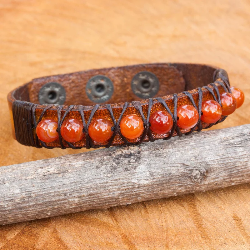 Friendship bracelets for women -Rock Walk in Orange Hand Crafted Carnelian and Leather Band Bracelet