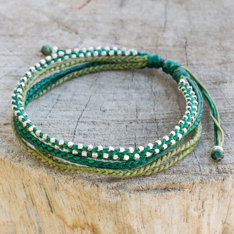 Handmade bangles for women -Fresh Green Hand Crafted Cord Wristband Bracelet with Silver Beads