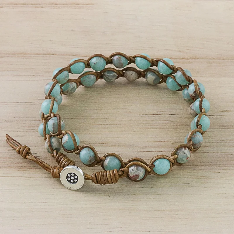 Rose gold bangles for women -Sky Orbs Jasper Beaded Wrap Bracelet in Blue from Thailand