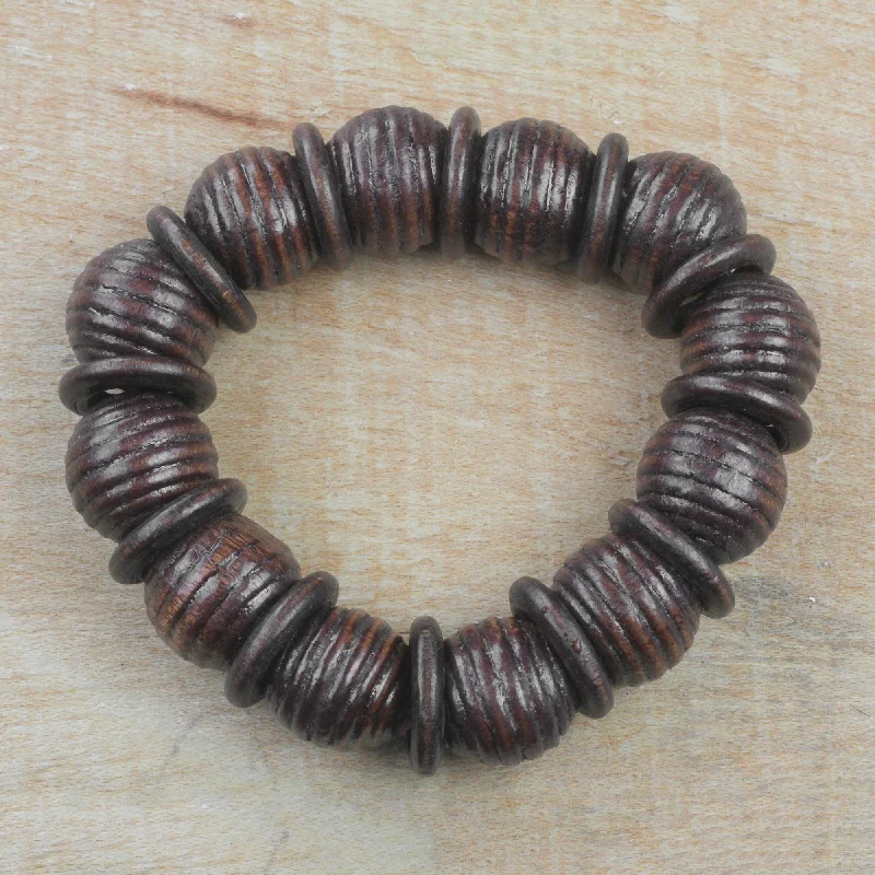 Luxury bracelets for women -Royal Rings in Dark Brown Dark Brown Sese Wood Beaded Stretch Bracelet from Ghana