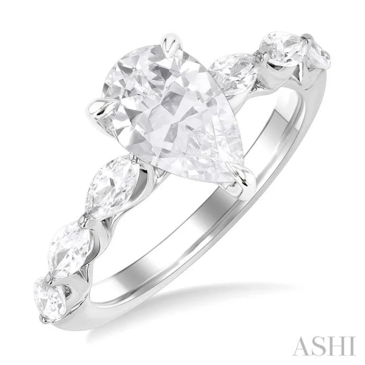 Engagement rings with unique side stones for women -1.00 ctw Pear Shape Marquise and Round Cut Diamond Semi Mount Engagement Ring in 14K White Gold