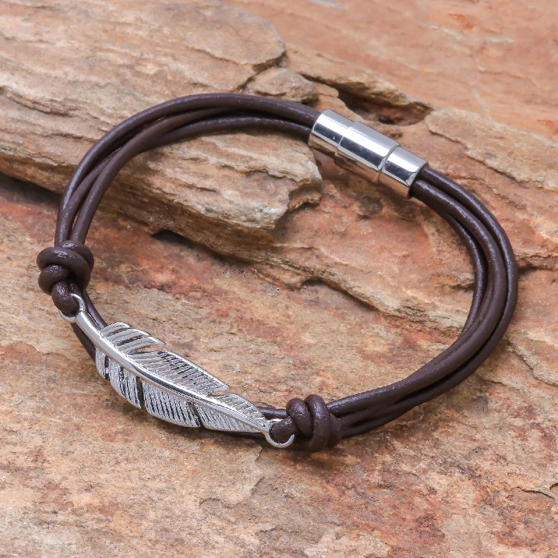 Evening bracelets for women -Stunning Feather in Brown Stainless Steel and Brown Leather Feather Pendant Bracelet