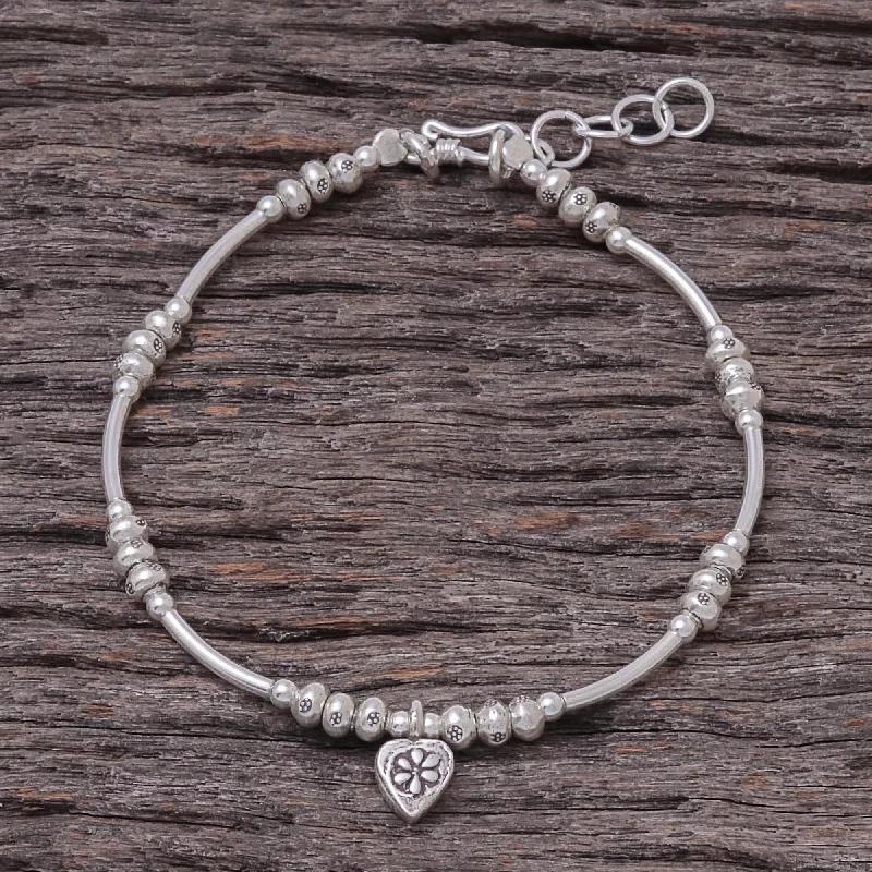 Thin bracelets for women -Love Hill Tribe Heart Charm Karen Silver Beaded Bracelet from Thailand