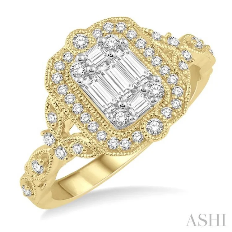 Engagement rings with oval diamonds for women -5/8 Ctw Intricate lattice Baguette and Round Cut Diamond Ring in 14K Yellow and white gold