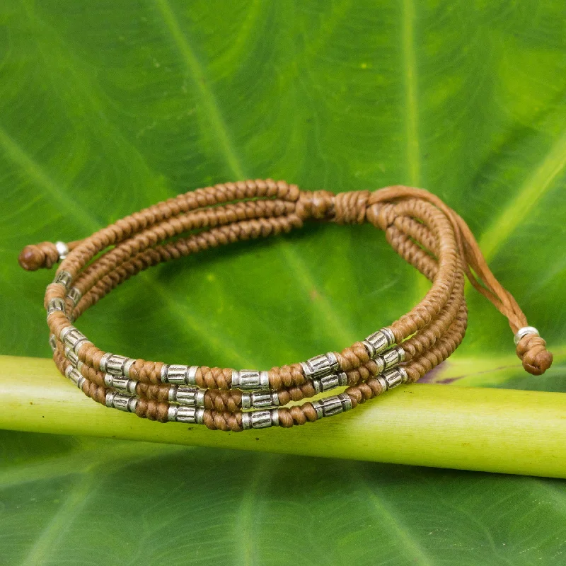 Bridal bracelets for women -Forest Thicket in Tan 950 Silver Accent Wristband Braided Bracelet from Thailand