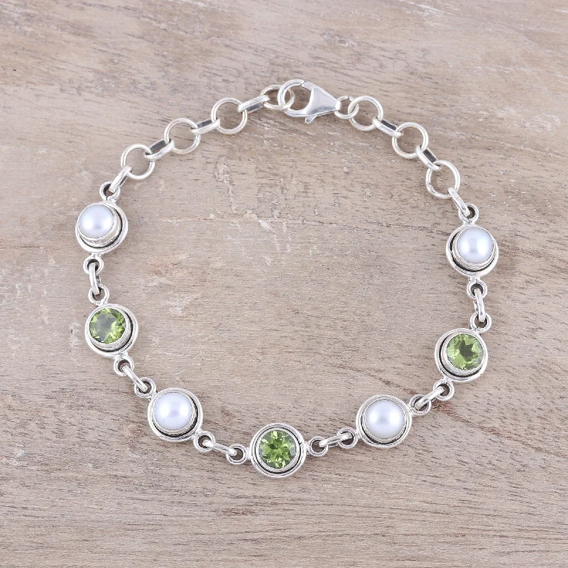 Floral bracelets for women -Elegant Glitter Peridot and Cultured Pearl Link Bracelet from India