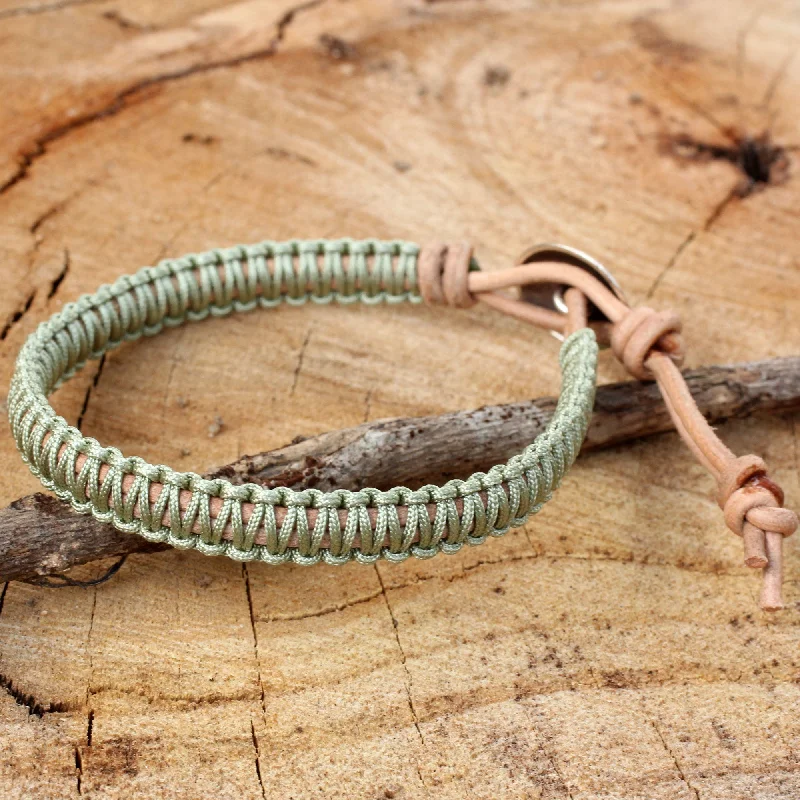 Fashion bangles for women -Hemlock Suns Silver Button and Pale Green Macrame on Leather Bracelet