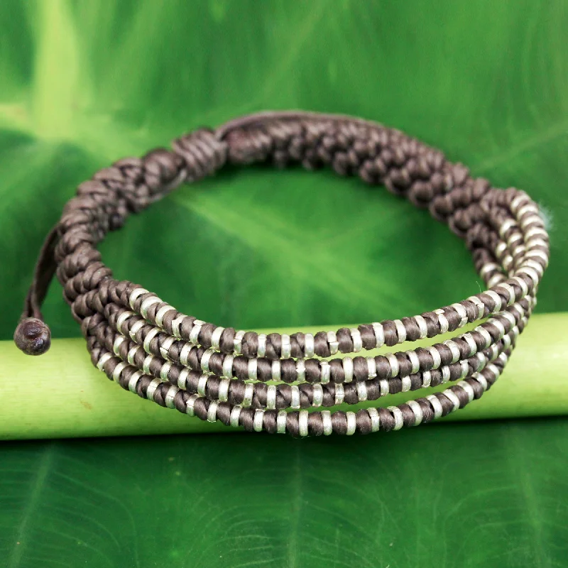 Elegant bangles for women -Grey Chiang Mai Quartet Hand Knotted Grey Cord Bracelet with Silver Accents