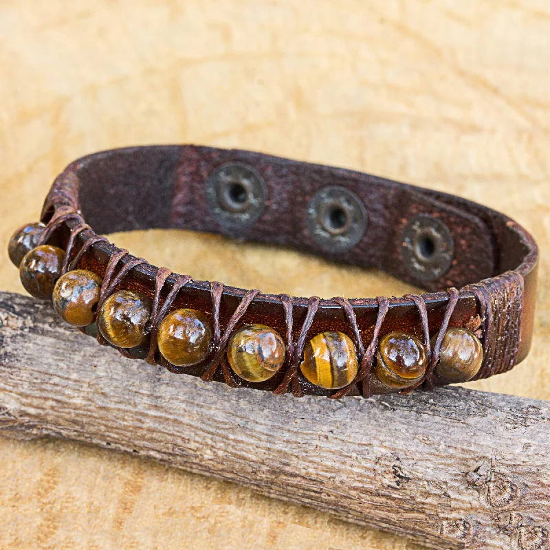 Colorful bangles for women -Rock Walk Handmade Tiger's Eye and Leather Band Bracelet from Thailand