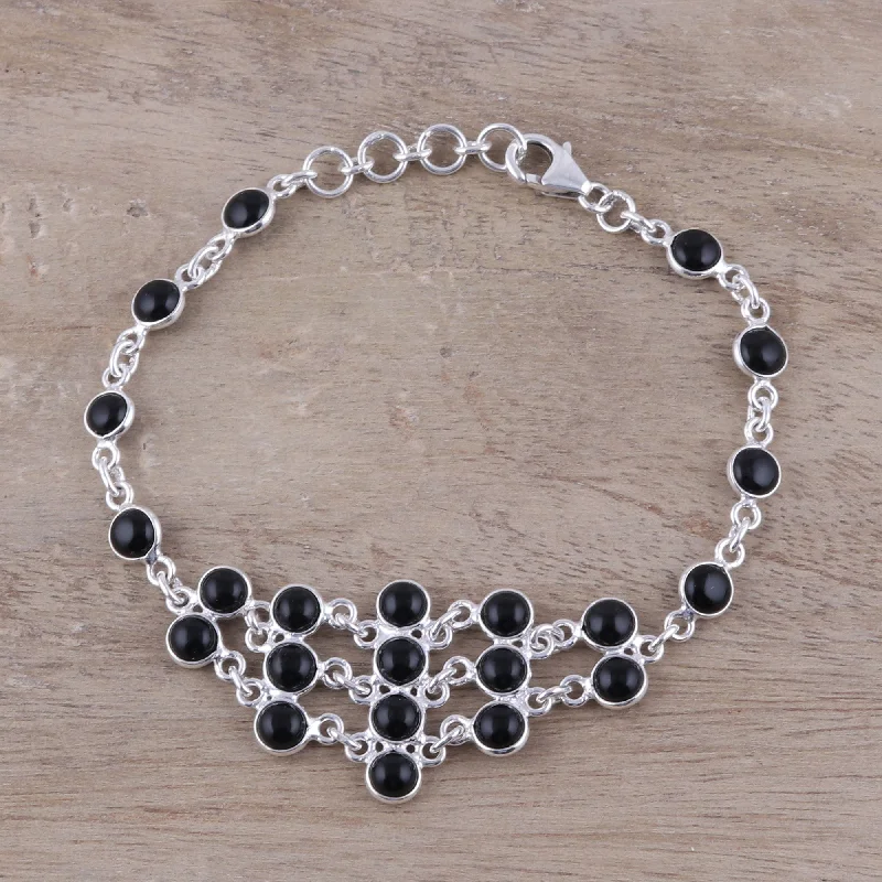 Engraved bracelets for women -Midnight Orbs Sterling Silver and Black Onyx Midnight Orbs Link Bracelet