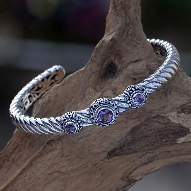 Silver bracelets for women -Triple Crown in Purple Amethyst and Sterling Silver Cuff Bracelet from Bali