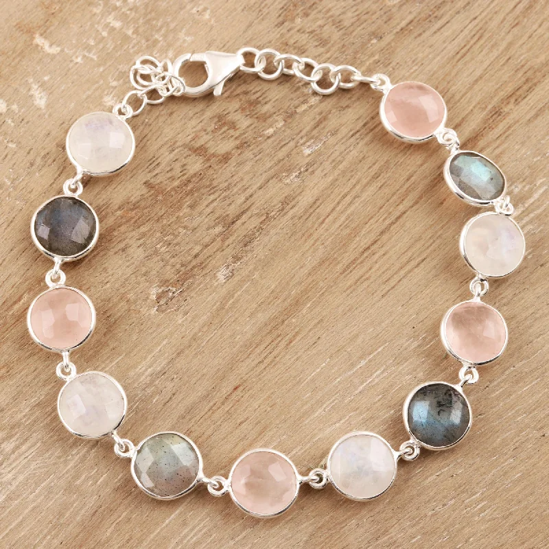 Modern bracelets for women -Soft Round Glitter 24-Carat Multi-Gemstone Link Bracelet in Pink from India