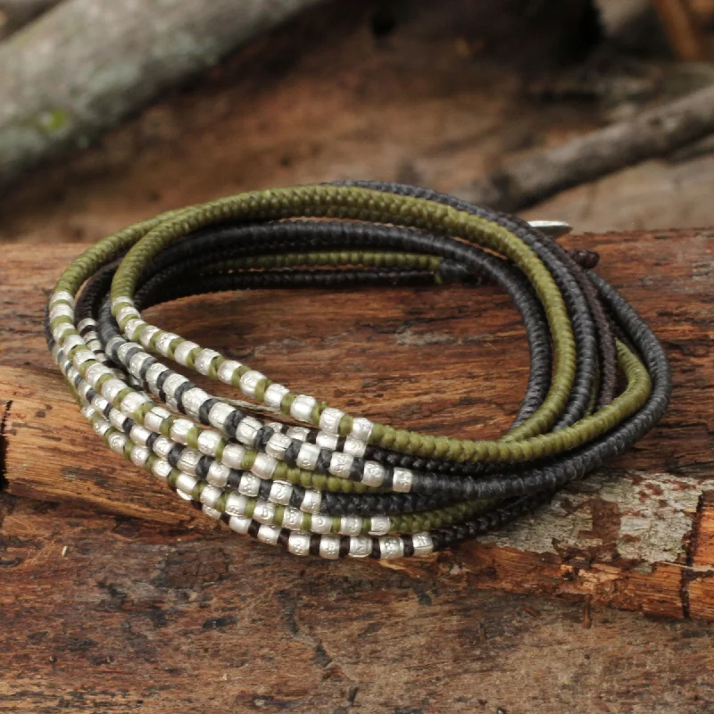 Personalized bangles for women -Karen Khaki Chic Brown Khaki Grey Wrap Bracelet with Silver Accents