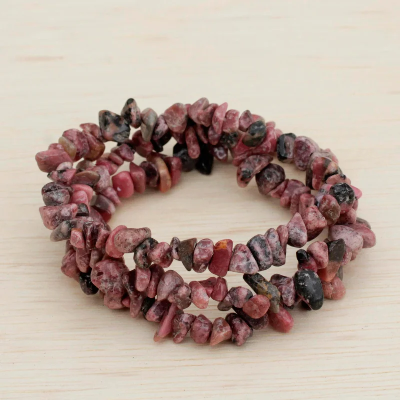 Handmade leather bangles for women -Naturally Enchanting Three Rhodonite Beaded Stretch Bracelets from Brazil