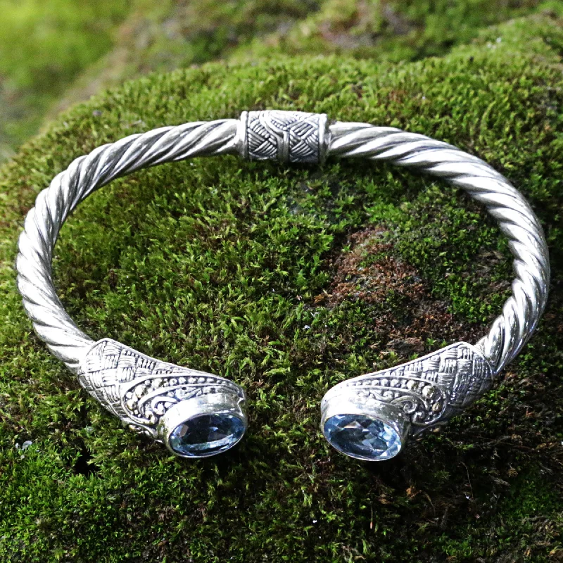 Oval bangles for women -Sterling Rope Blue Topaz Sterling Silver Cuff Bracelet from Indonesia