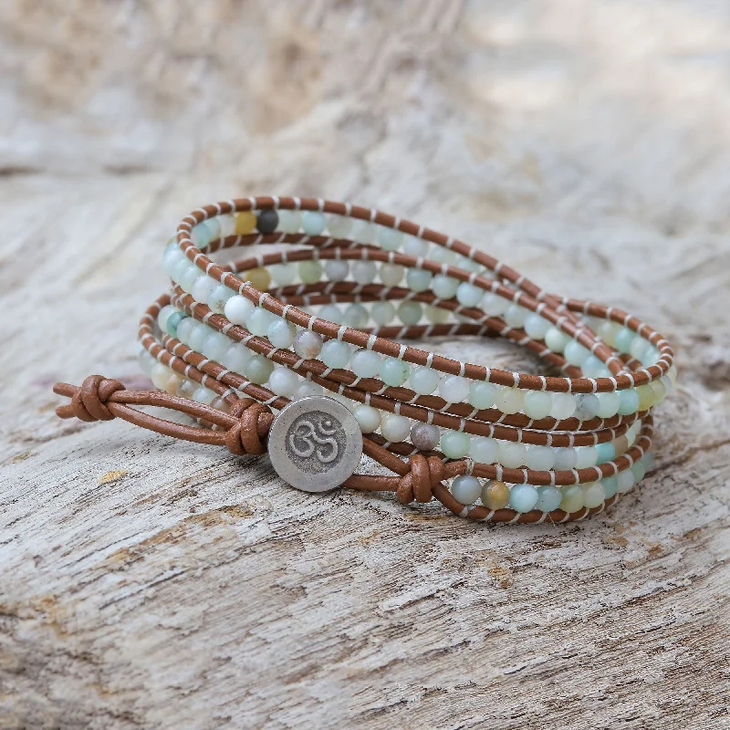 Designer bracelets for women -Calm Touch Om-Themed Quartz Beaded Wrap Bracelet from Thailand