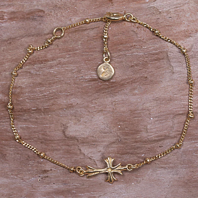 Leather bracelets for women -Gold Cross Hancrafted 14k Gold Vermeil Balinese Cross Them Bracelet