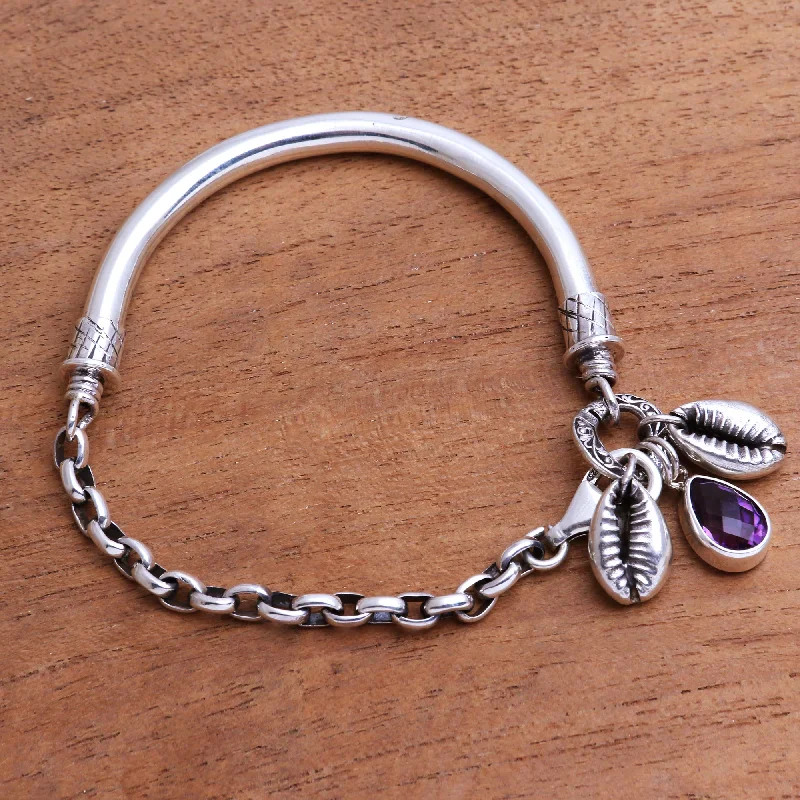 Luxury leather bracelets for women -Glistening Shells Sterling Silver and Faceted Amethyst Bracelet from Java