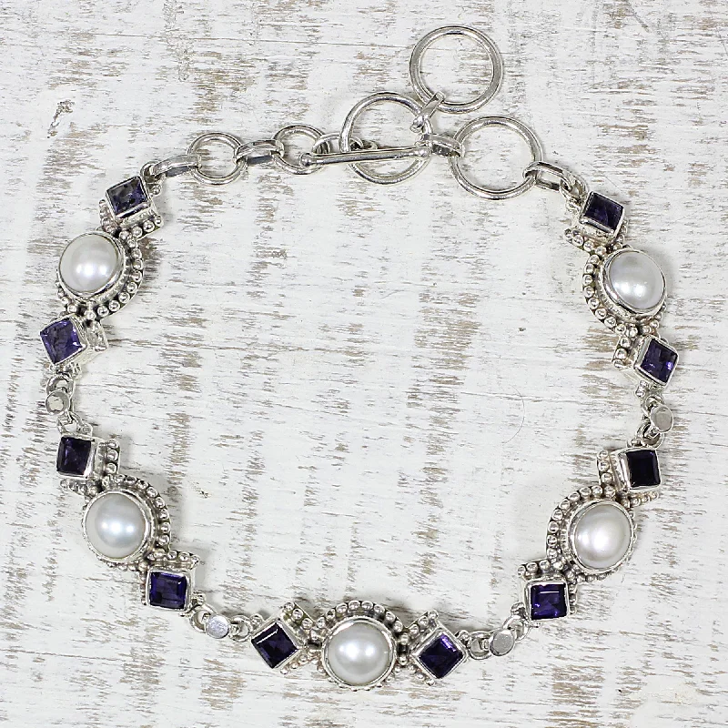 Solid gold bracelets for women -Blue Palace Iolite and Cultured Pearl Link Bracelet from India