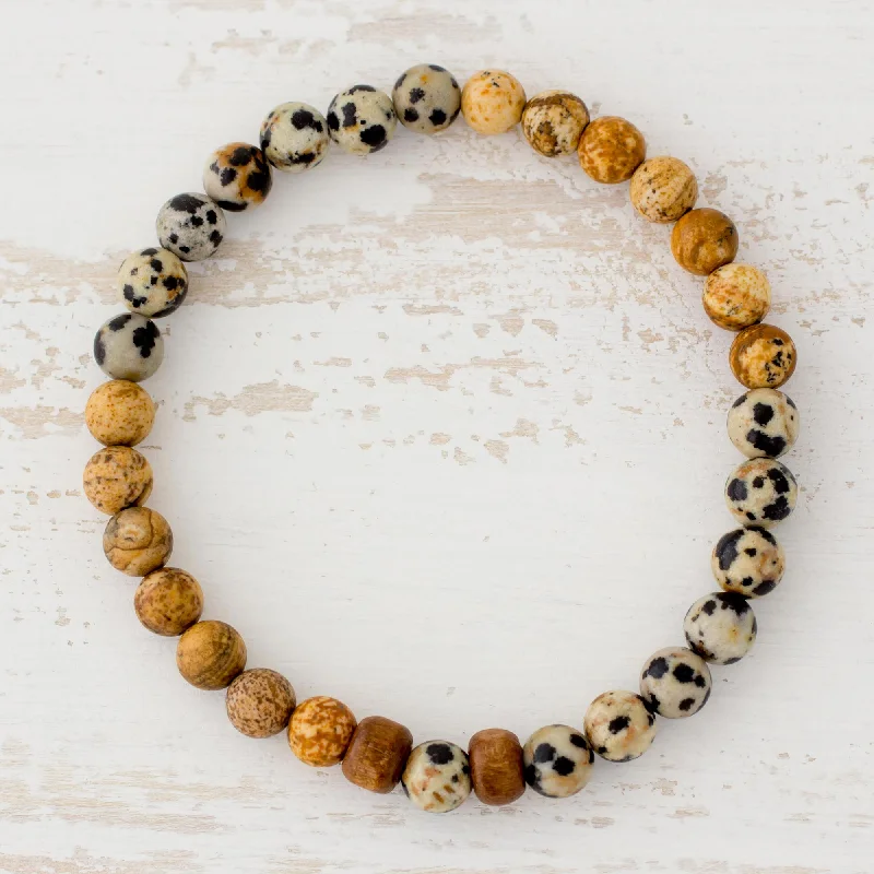 Bangles for women -Estimable Beauty Jasper and Pinewood Beaded Stretch Bracelet from Guatemala