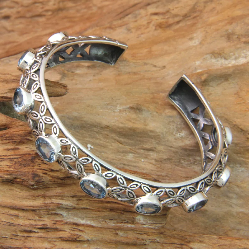 Personalized bangles for women -Java Kawung Silver and Blue Topaz Cuff Style Bracelet from Bali