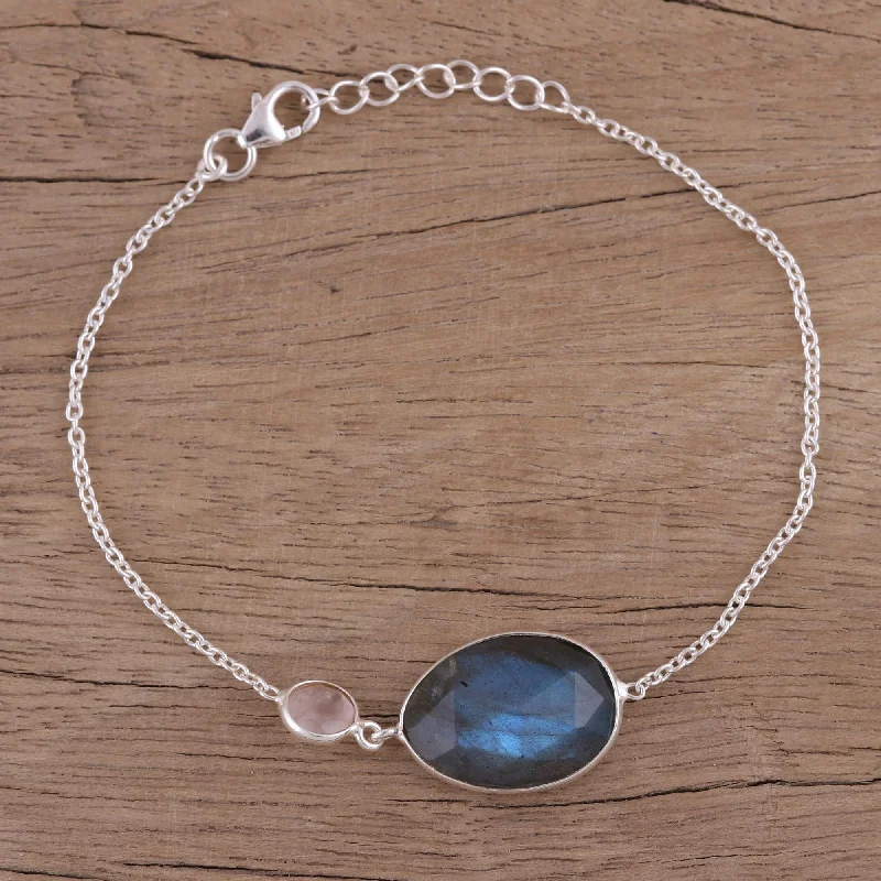 Beaded cuff bracelets for women -Mist and Mystery Sterling Silver Labradorite and Rose Quartz Pendant Bracelet