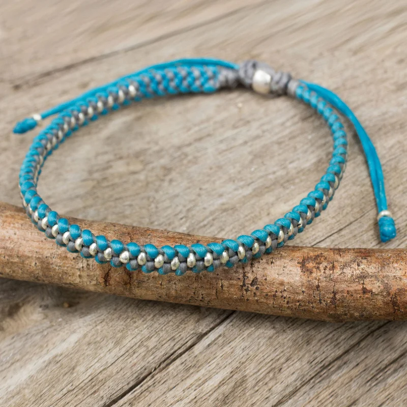 Personalized bracelets for women -Blue Grey Progression Hand Knotted Macrame Bracelet with Hill Tribe Silver Beads