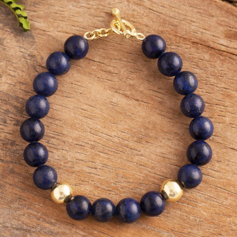 Rope bracelets for women -Golden Sea Gold Accent Lapis Lazuli Beaded Bracelet from Peru