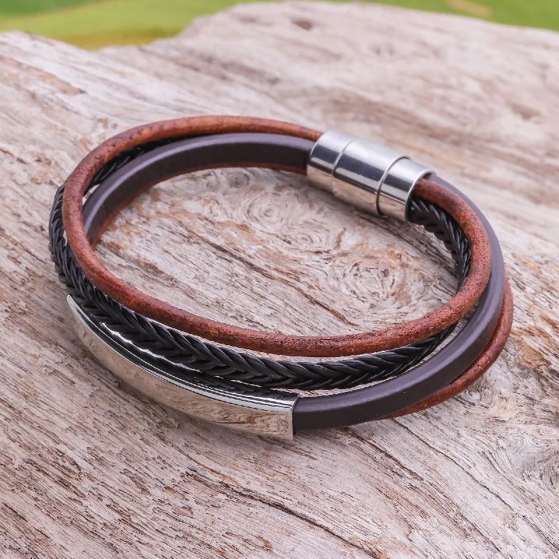 Beaded bangles for women -Mighty Strength in Brown Leather Strand Bracelet in Brown from Thailand