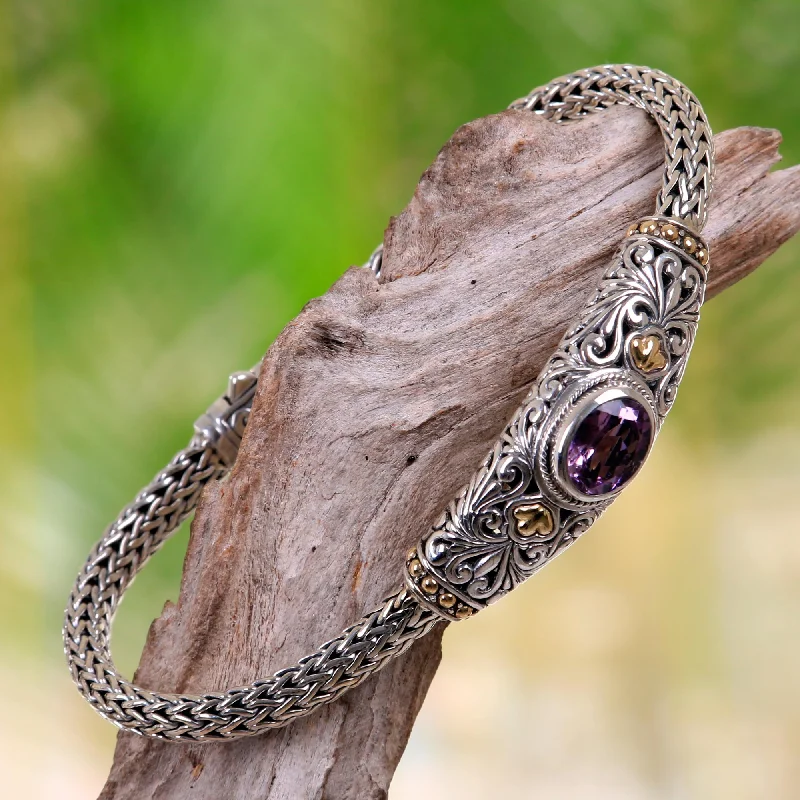 Luxury gold bangles for women -Bedugul Garden Handcrafted Balinese Gold Accent Silver Amethyst Bracelet