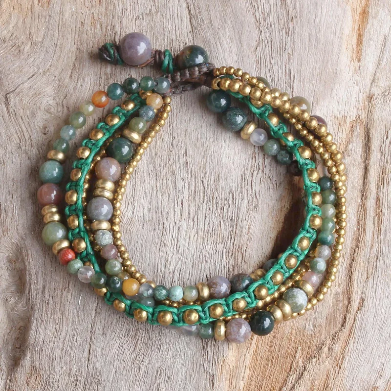 Vintage bracelets for women -Summer Earth Brass and Agate Multi-Strand Beaded Bracelet from Thailand