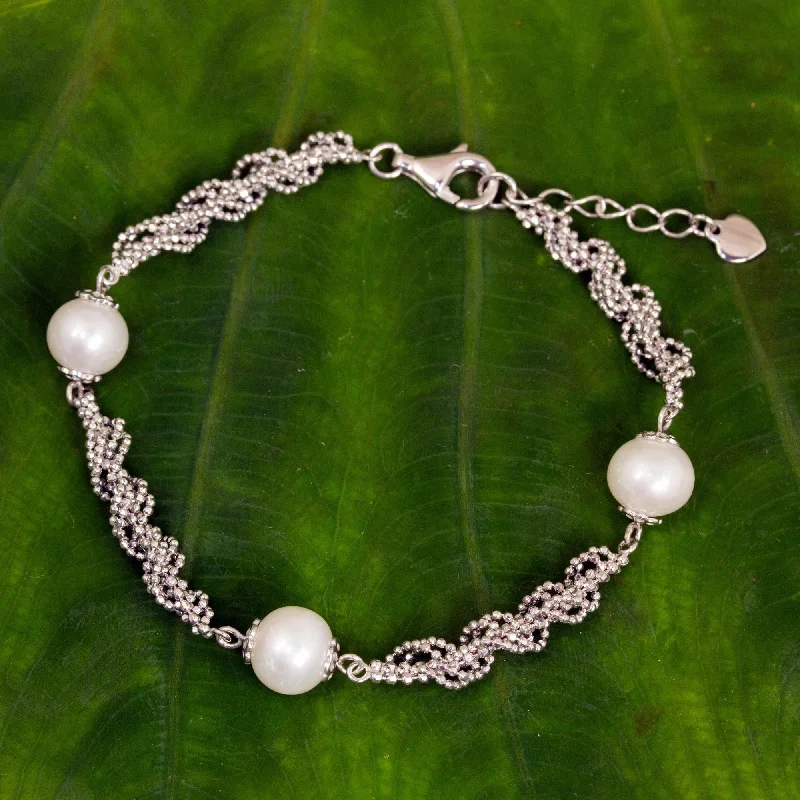 Vintage charm bracelets for women -White Jasmine Trio Thai Handcrafted Cultured Pearl and Sterling Silver Bracelet