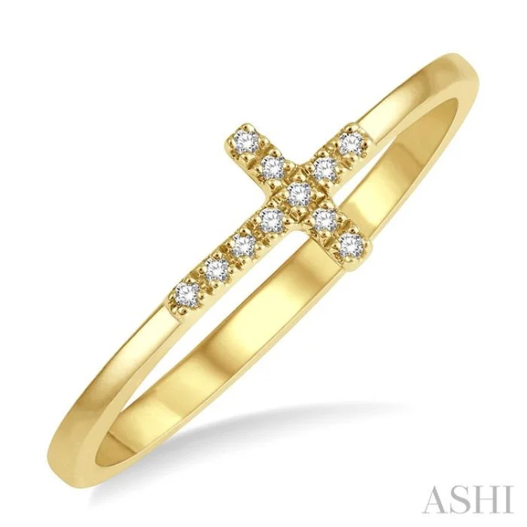 Engagement rings with vintage filigree for women -1/20 ctw Cross Charm Round Cut Diamond Ladies Ring in 10K Yellow Gold