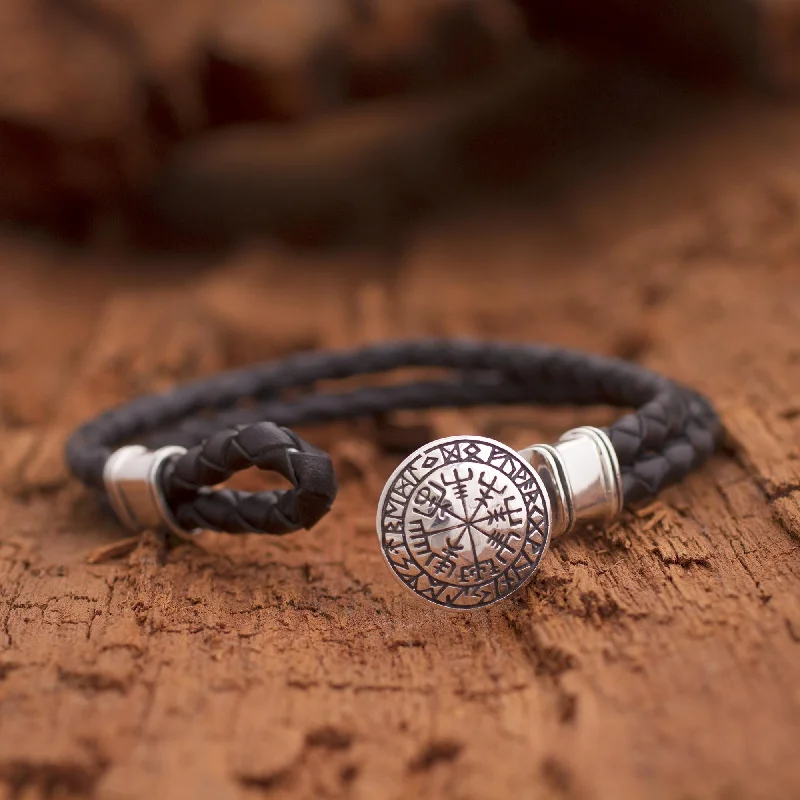 Stackable bracelets for women -Runic Compass Men's Sterling Silver and Leather Bracelet from Bali