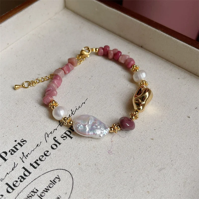 C265 Bracelet--Baroque Pearl Rose Stone