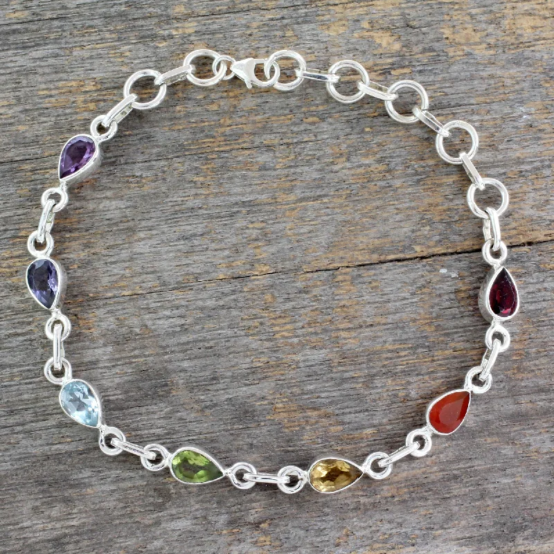 Sterling silver bangles for women -Inner Glow Sterling Silver Bracelet Multi Gemstone Chakra Jewelry